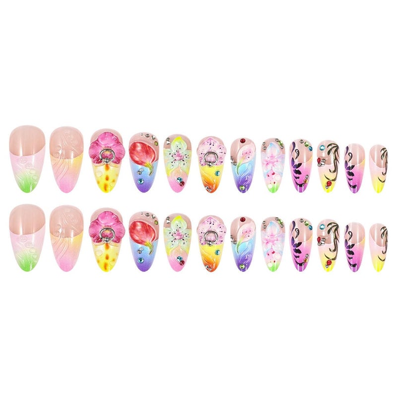 SEENEEY Long Press on Nails Almond Fake Nails Flowers Colorful Artificial Nail with Rhinestone Designs Stick on Nail for Women 24pcs - Image 5